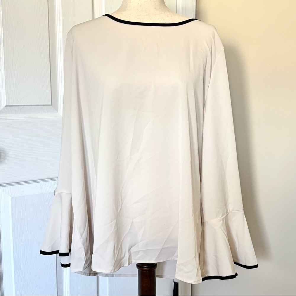 BloomChic Sheer White Blouse with Black Trim and Bell Sleeves 14/16 NWT